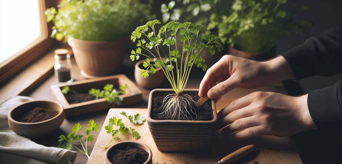 Root mitsuba (Japanese parsley) with roots attached being planted into a small planter filled with d