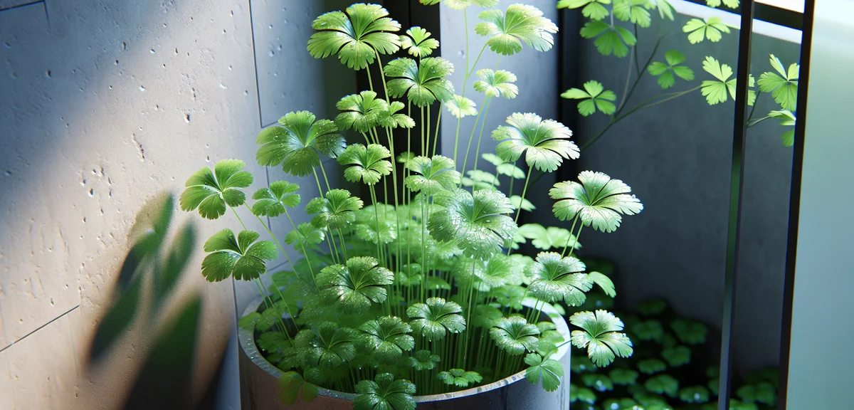 Healthy mitsuba (Japanese parsley) plants growing in a planter in a semi-shaded balcony corner. Lush