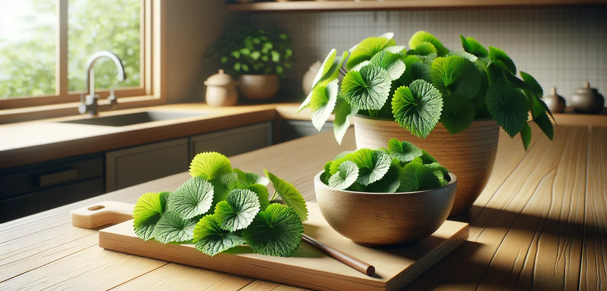 A small bowl of freshly harvested mitsuba leaves next to a planter of growing mitsuba on a Japanese-