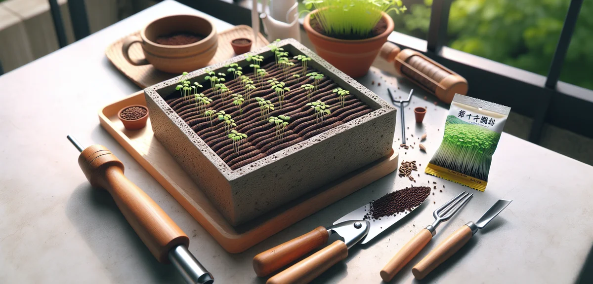A rectangular planter filled with moist potting soil, with shallow furrows drawn for sowing mizuna s