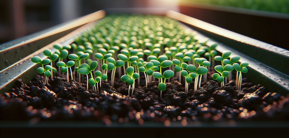 Tiny mizuna seedlings just sprouting in rows inside a planter, bright green cotyledons emerging from