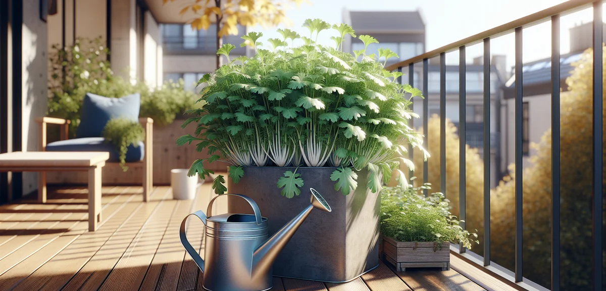 Healthy mizuna plants growing vigorously in a planter on a balcony, showing characteristic thin serr