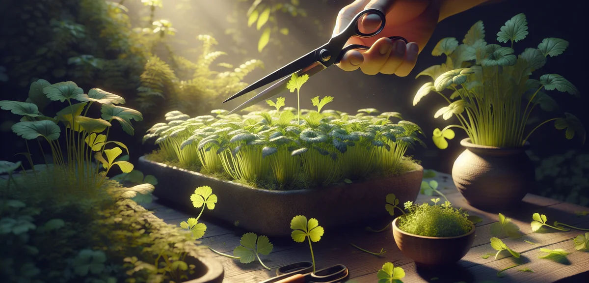 Mature mizuna plants in a planter being harvested by cutting outer leaves with scissors, showing the