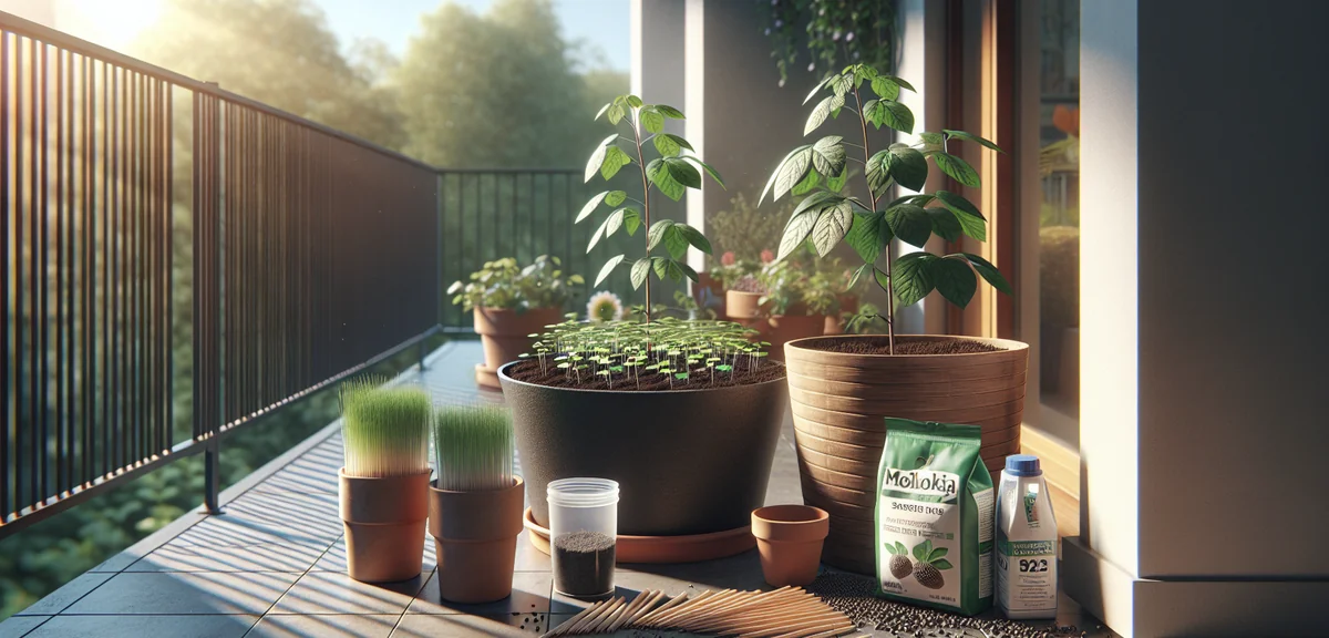 A large planter filled with dark potting soil, a packet of molokhia seeds and a seedling in a small 