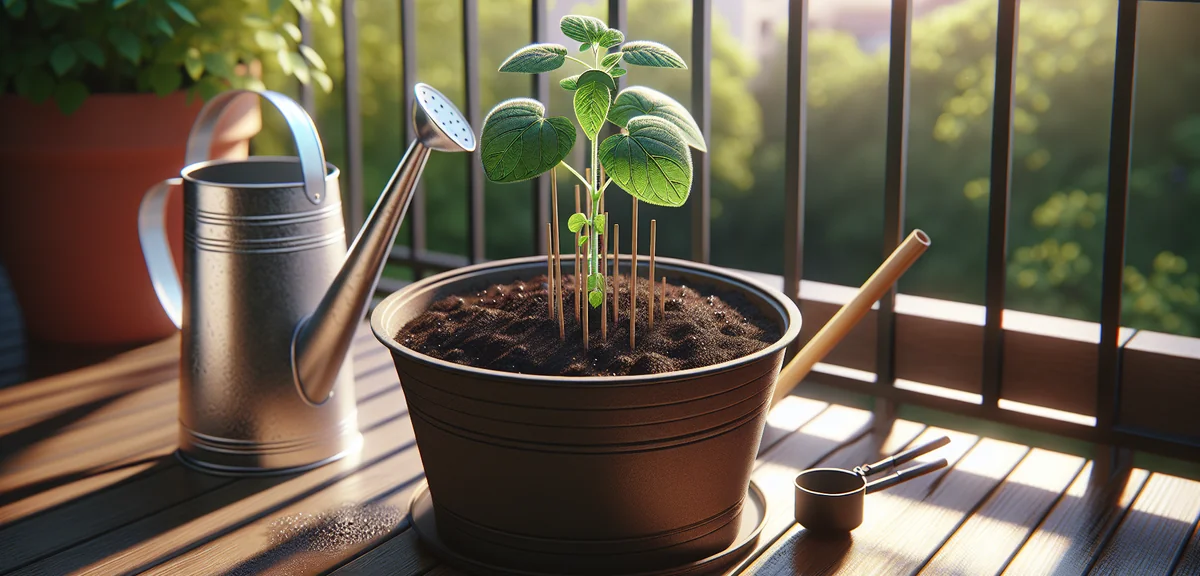 A young molokhia seedling freshly transplanted into a large planter, with a bamboo support stake bes