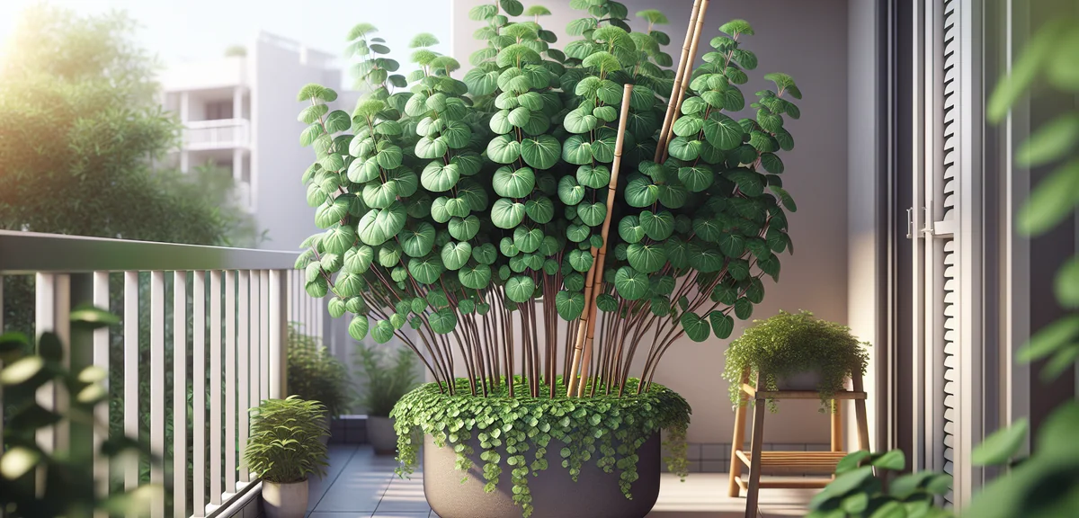 A bushy molokhia plant growing vigorously in a large planter, showing multiple branching stems with 