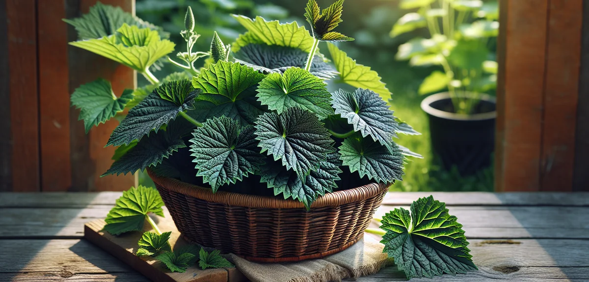 Close-up of freshly harvested molokhia leaves and tender stem tips in a woven basket. The dark green