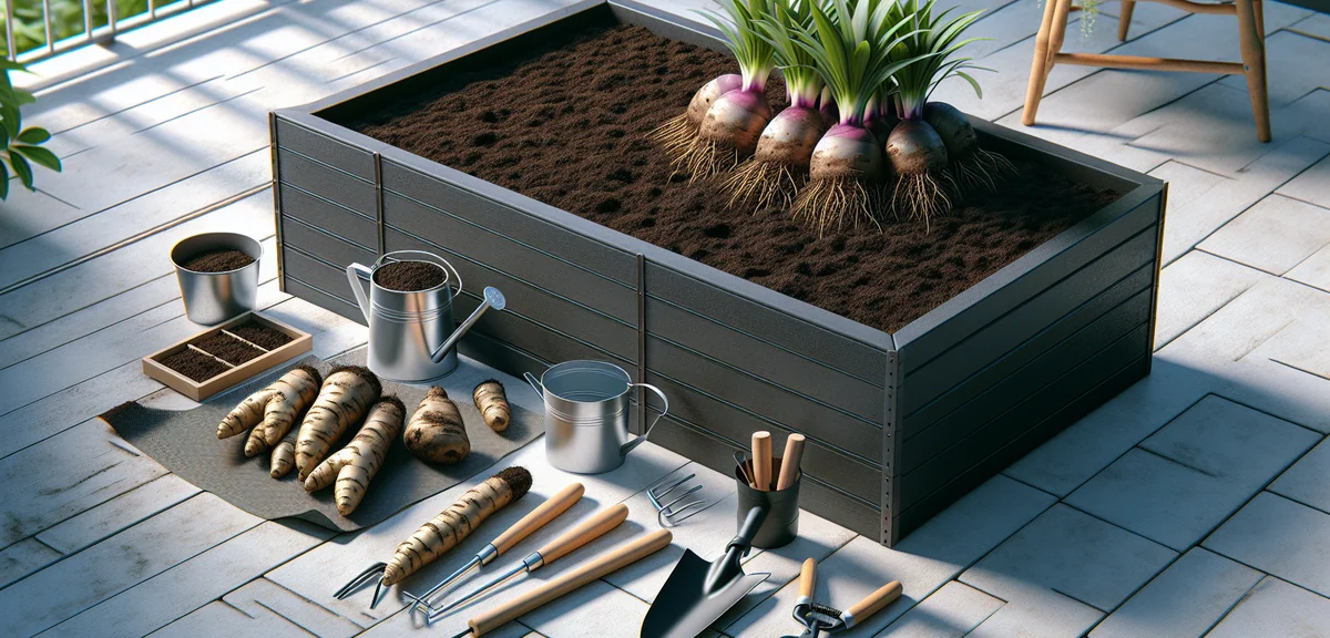 A deep rectangular planter prepared with dark, humus-rich soil for planting myoga. Gardening tools a