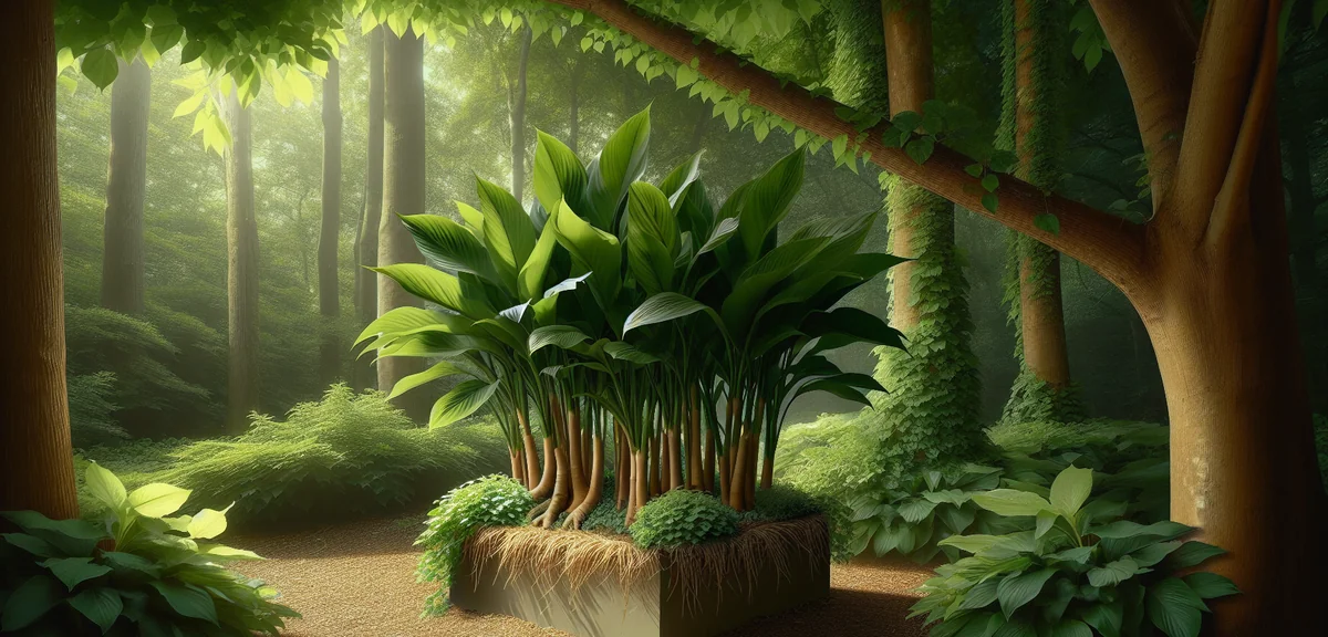 Myoga ginger plants with tall green leaves growing vigorously in a large planter. Straw mulch coveri