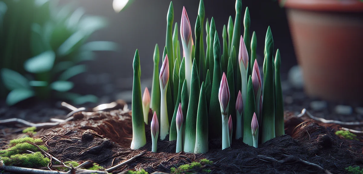 Close-up of myoga flower buds emerging from the soil at the base of tall green stems in a planter. P