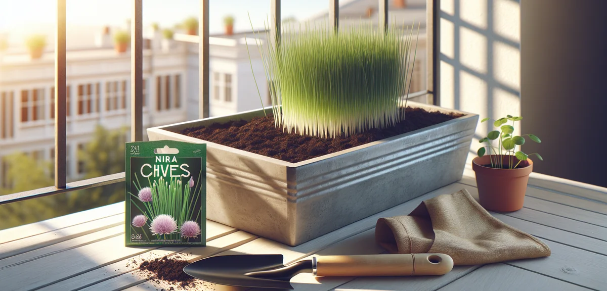 A rectangular planter filled with dark potting soil, ready for planting nira chives. Gardening trowe