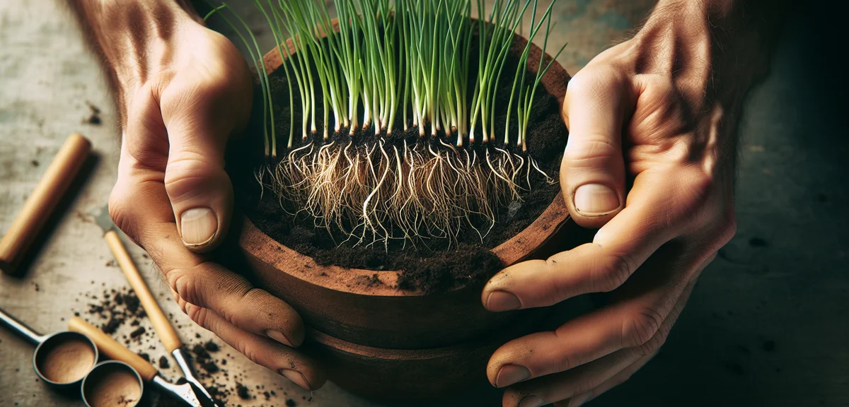 Close-up of nira chive seedlings being transplanted into a planter, showing the root system and smal