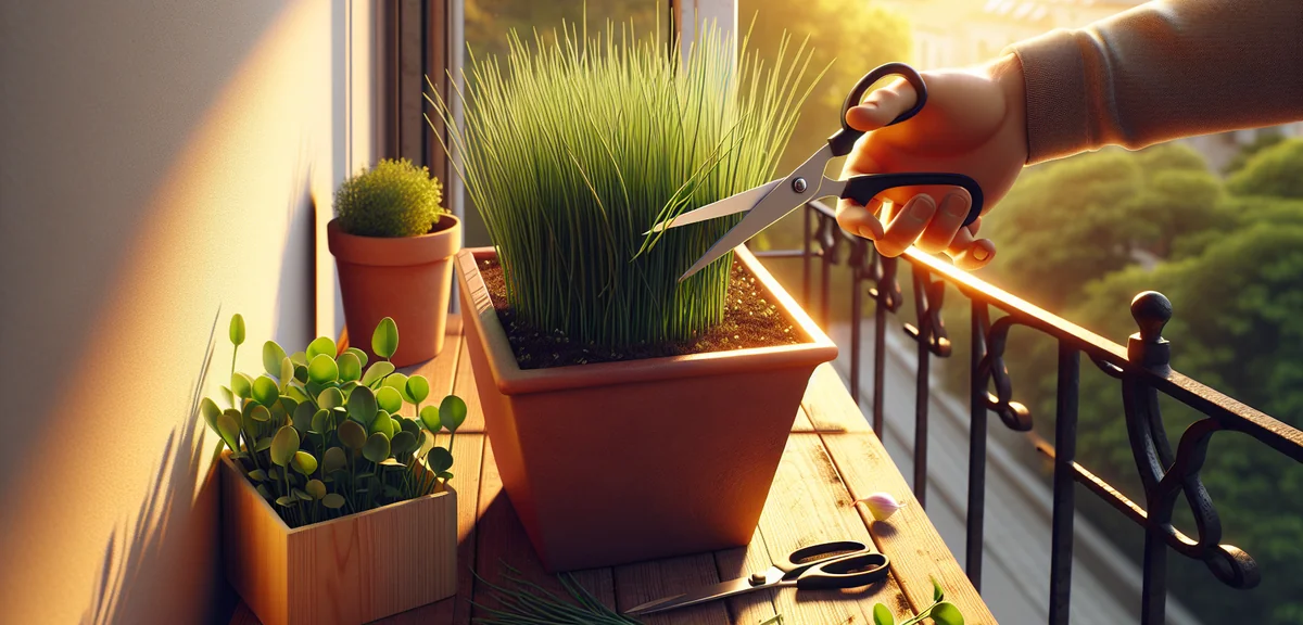 Nira chives in a planter being harvested with scissors, cutting flat green leaves a few centimeters 