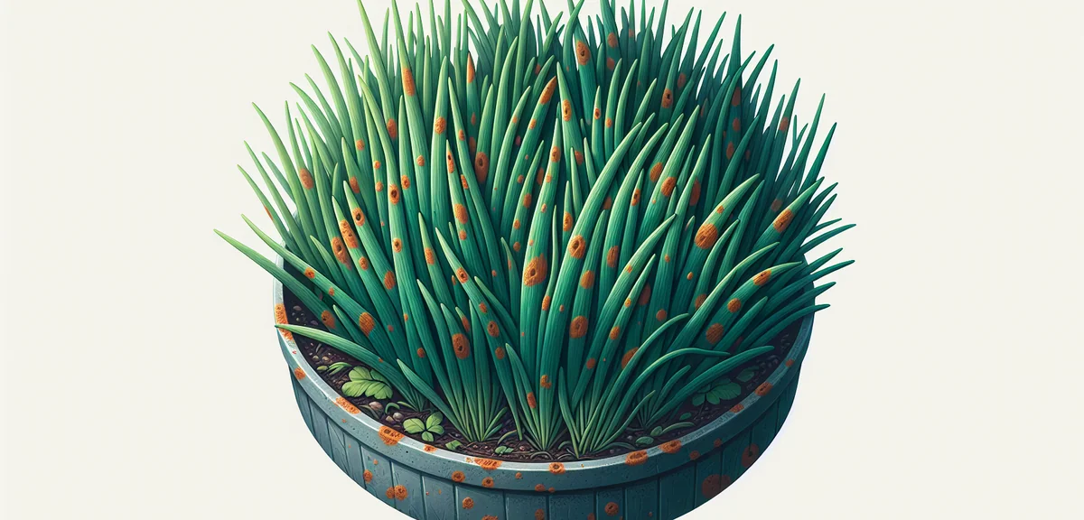 Nira chive leaves in a planter showing signs of rust disease with small orange-brown spots on the fl