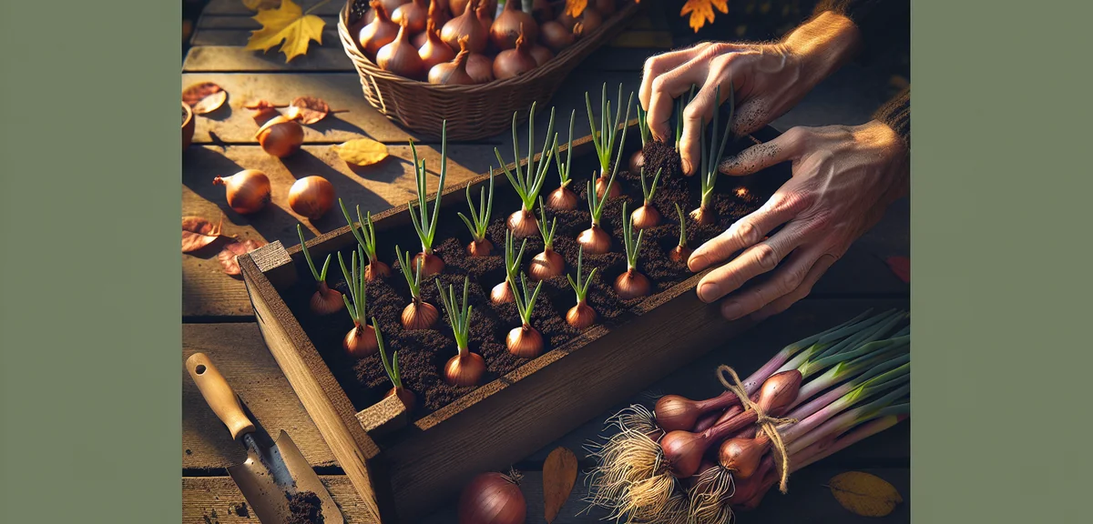 Onion seedlings being planted in a deep rectangular planter, hands placing a seedling into a plantin