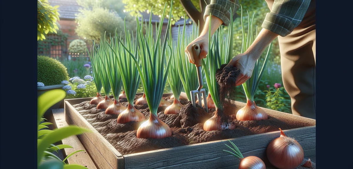Onion plants in a planter during spring growth phase, showing thick green leaves and slightly swolle