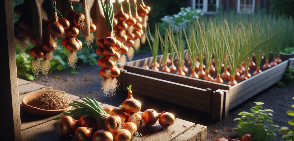 Harvested onions hanging in bundles from a wooden beam to dry, golden-brown skins visible with trimm