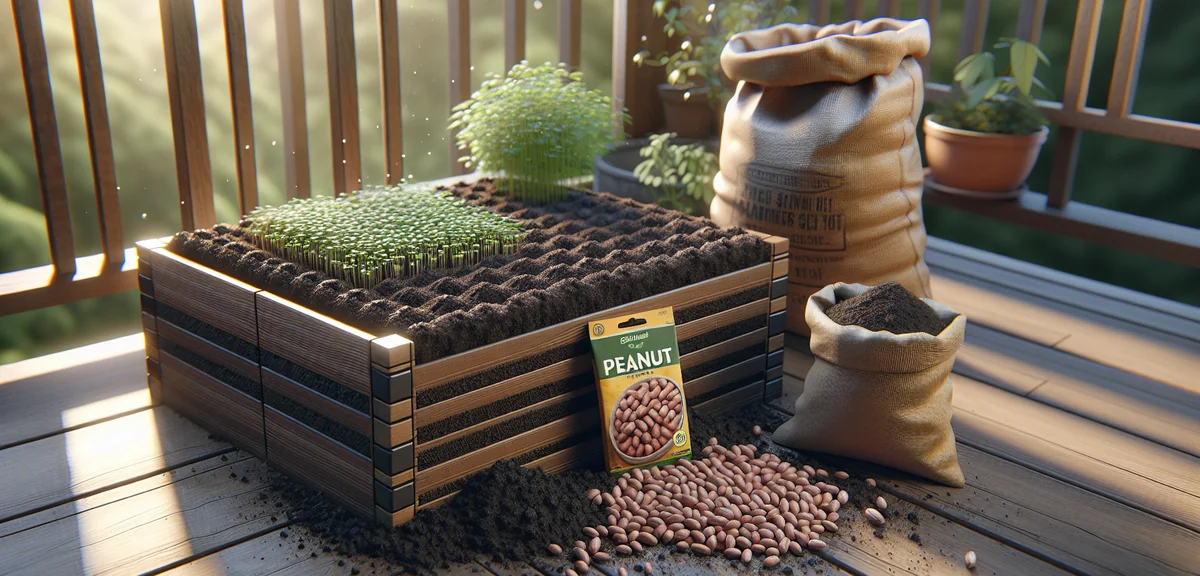 A large wide rectangular planter filled with soft dark potting soil, a packet of peanut seeds visibl