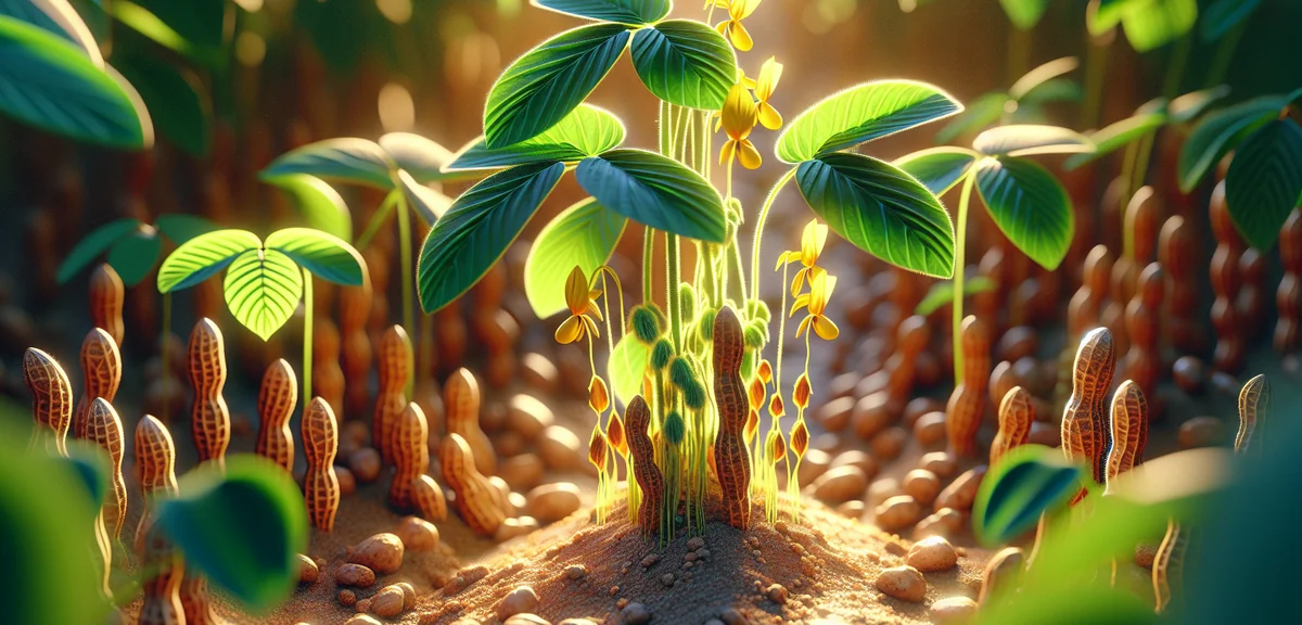 Close-up of a peanut plant showing small yellow flowers near the base and thin peg-like gynophores (