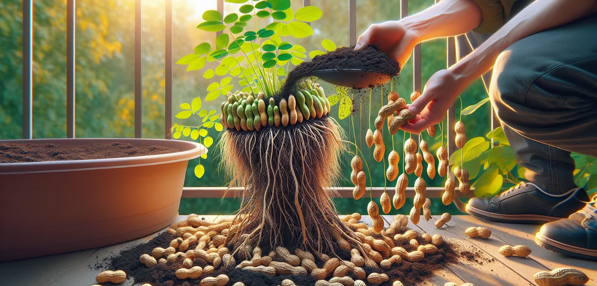 Freshly harvested peanut plant being pulled from a large planter, showing many peanut pods attached 