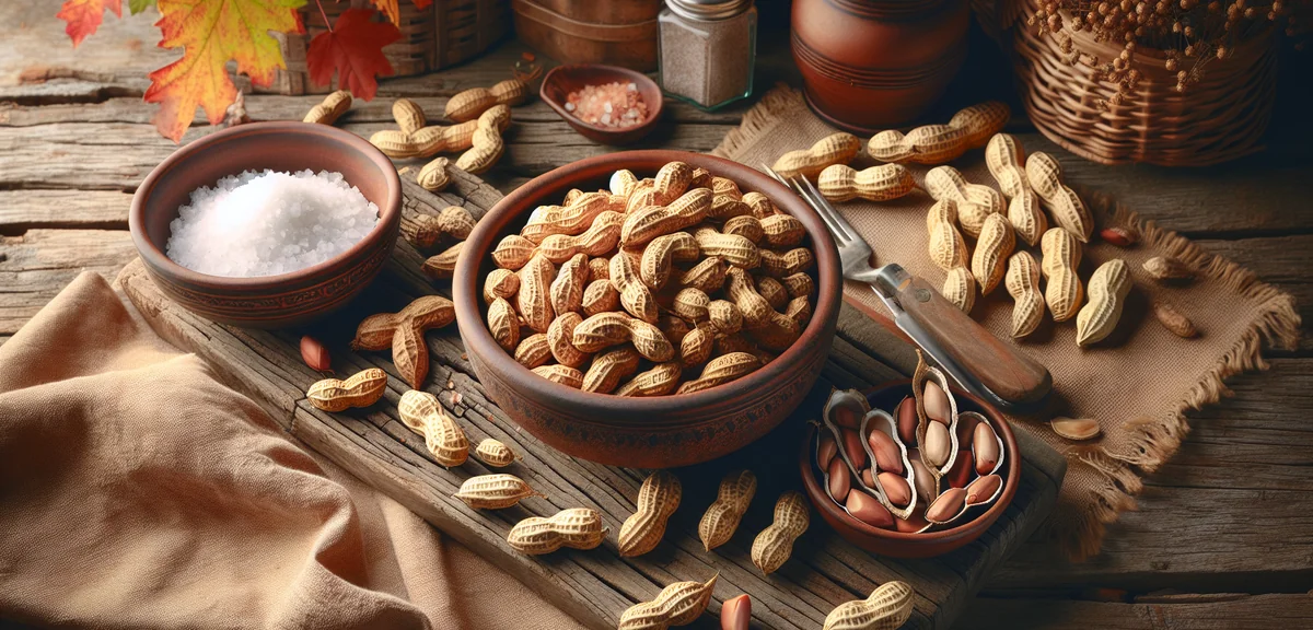 A bowl of freshly boiled peanuts sprinkled with salt on a rustic wooden table, with raw peanut pods 