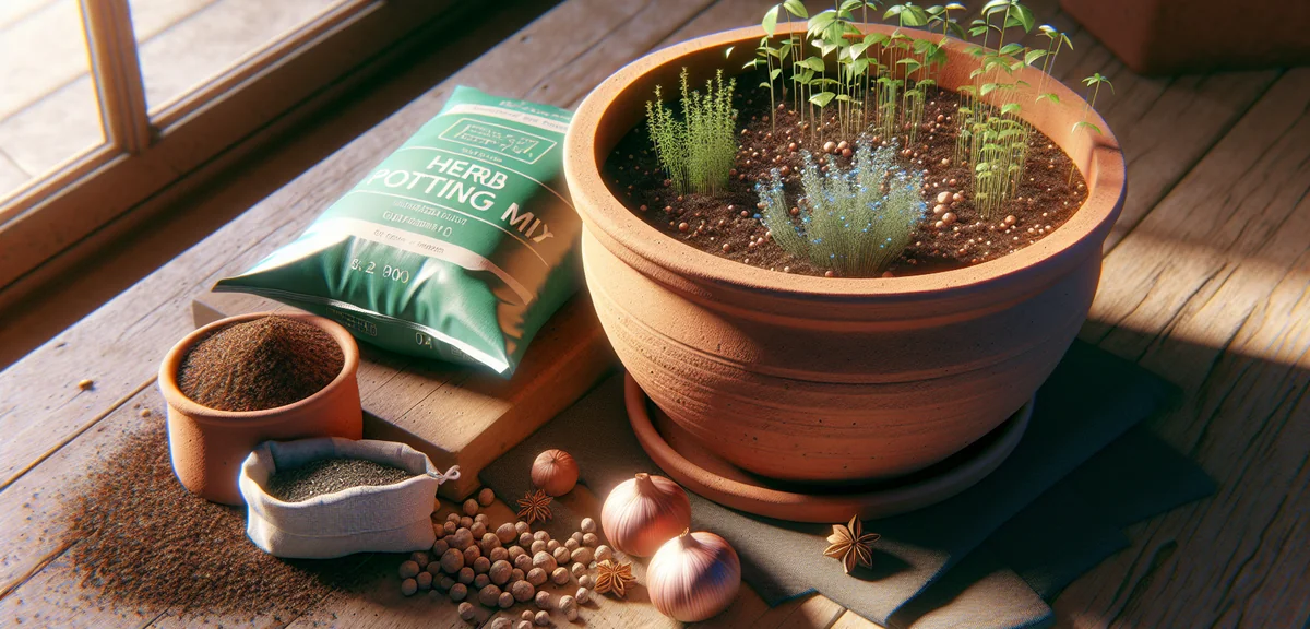 A clay terracotta pot with drainage holes, filled with well-draining herb potting soil mixed with pe