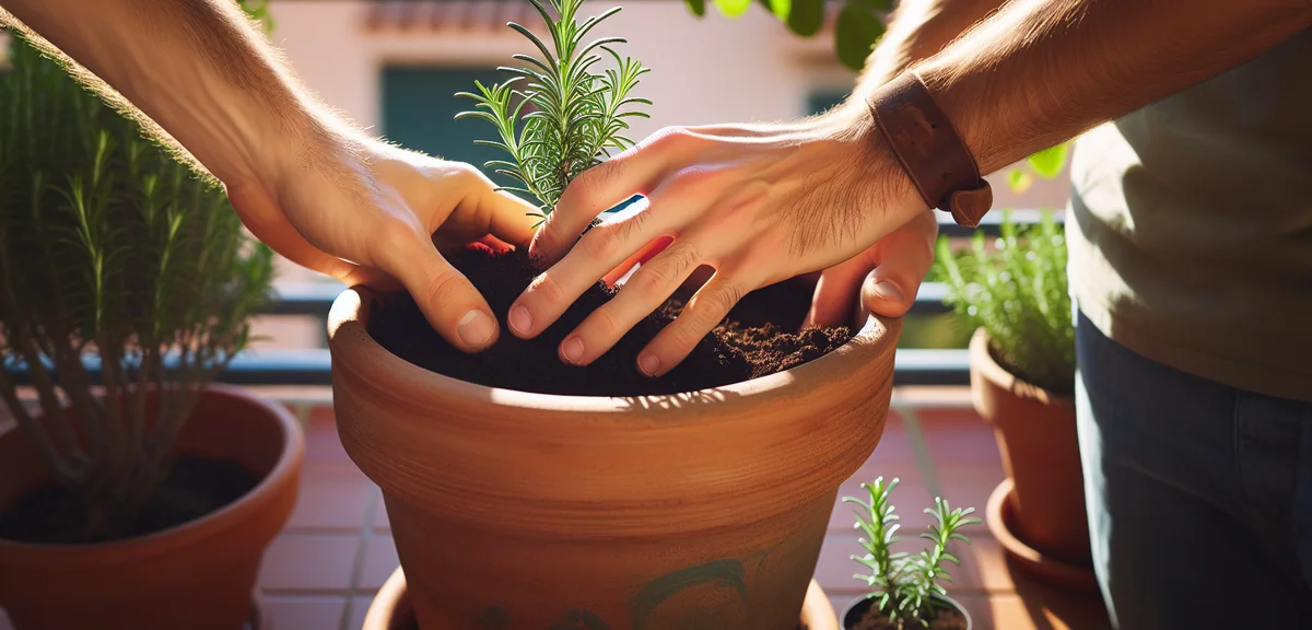 Hands carefully transplanting a young rosemary plant from a small nursery pot into a larger terracot