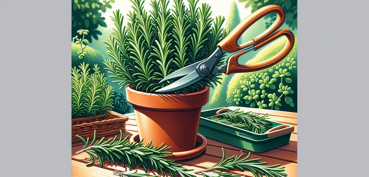 Gardening scissors trimming a rosemary plant in a terracotta pot, showing proper pruning technique c
