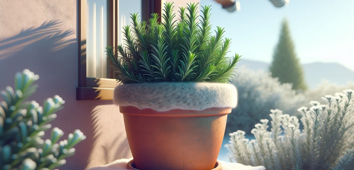 A rosemary plant in a terracotta pot placed in a sheltered sunny spot near a house wall during winte