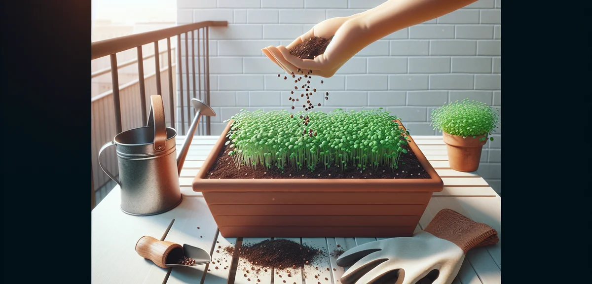 A rectangular planter filled with dark potting soil, small rucola seeds being scattered on the surfa