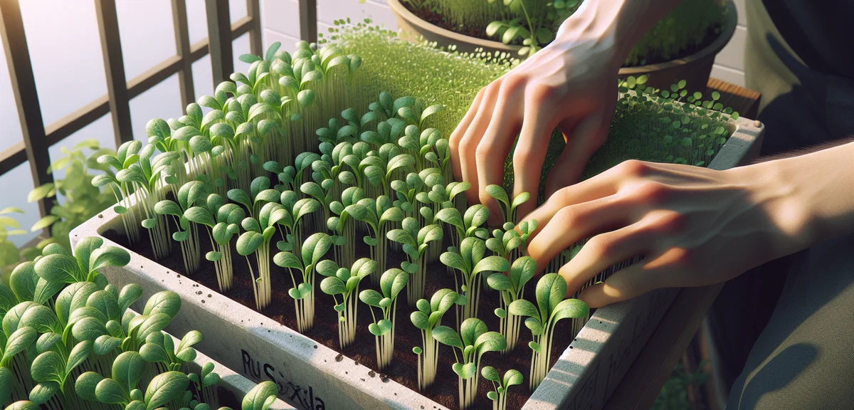 Young rucola seedlings growing in rows in a planter, some being carefully thinned out by hand. Small