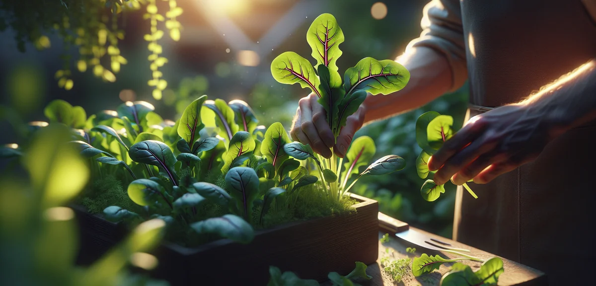 Mature rucola leaves being harvested by hand from a planter, distinctive lobed dark green leaves. So