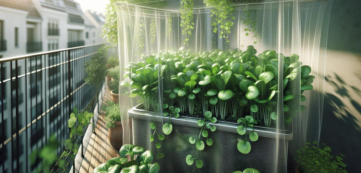 Close-up of healthy rucola plants in a planter with a fine mesh insect net covering them, balcony ga