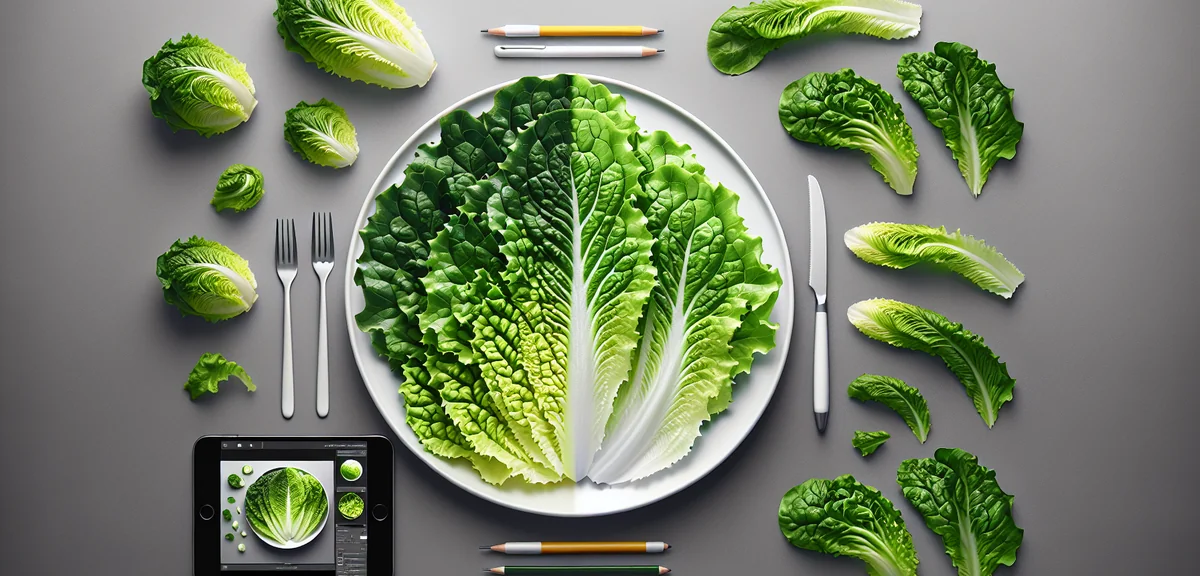 Close-up of sanchu and regular lettuce leaves side by side on a white plate, showing the difference 
