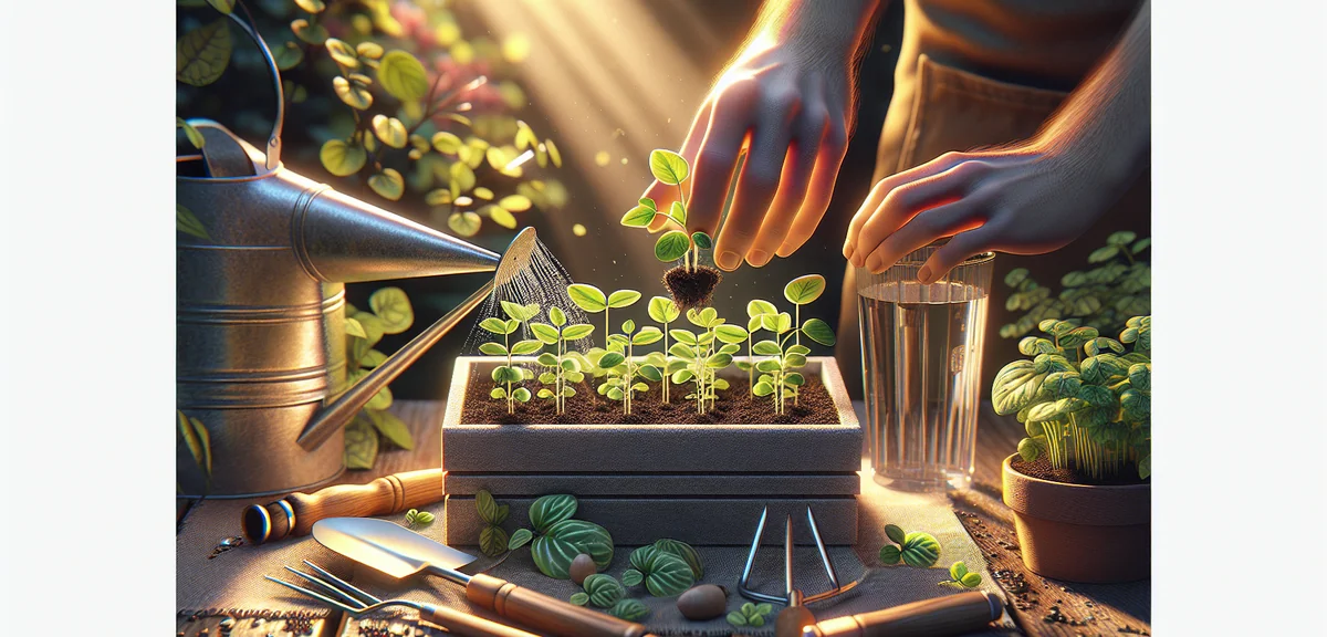 Young sanchu seedlings being transplanted into a rectangular planter. Hands carefully placing a smal