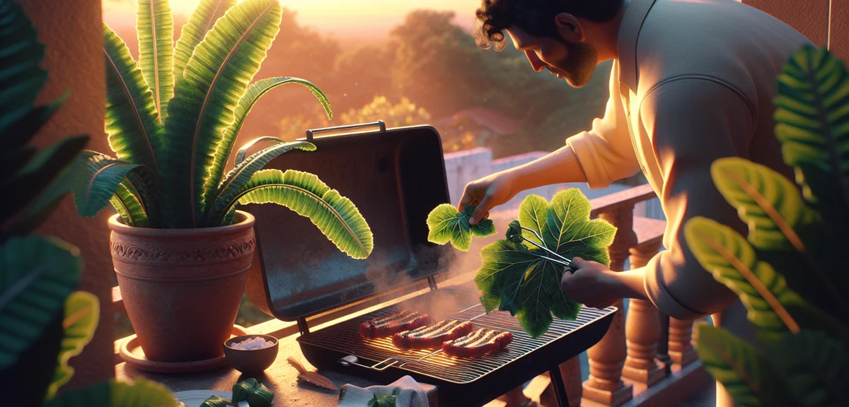 A home barbecue scene on a balcony with grilled meat on a small grill, and a planter of fresh sanchu