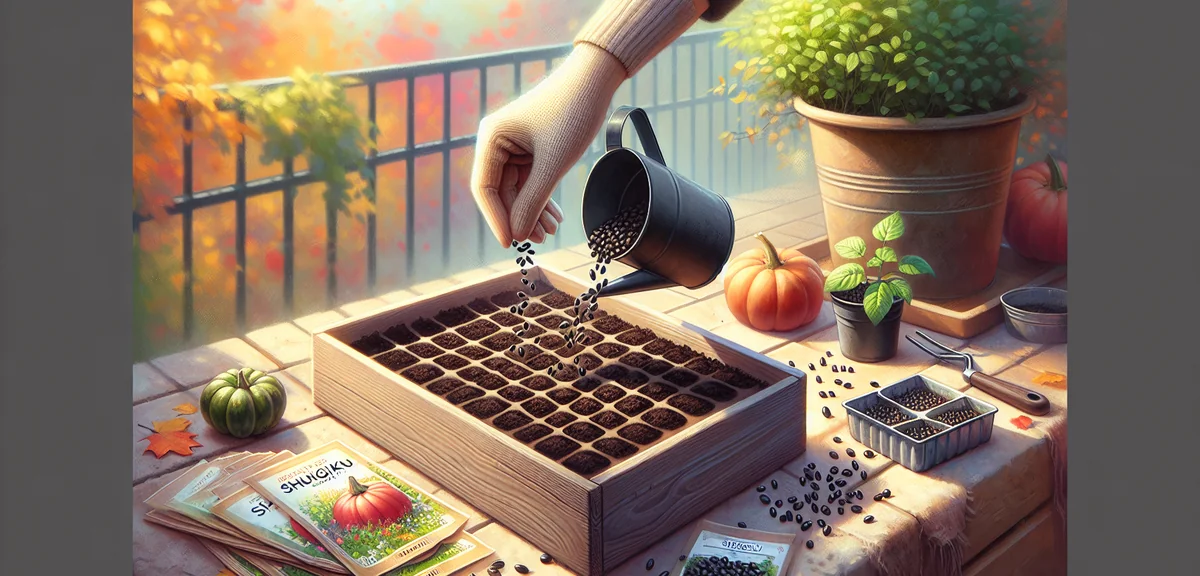 A rectangular planter filled with dark potting soil, shungiku seeds being scattered in neat rows. Au