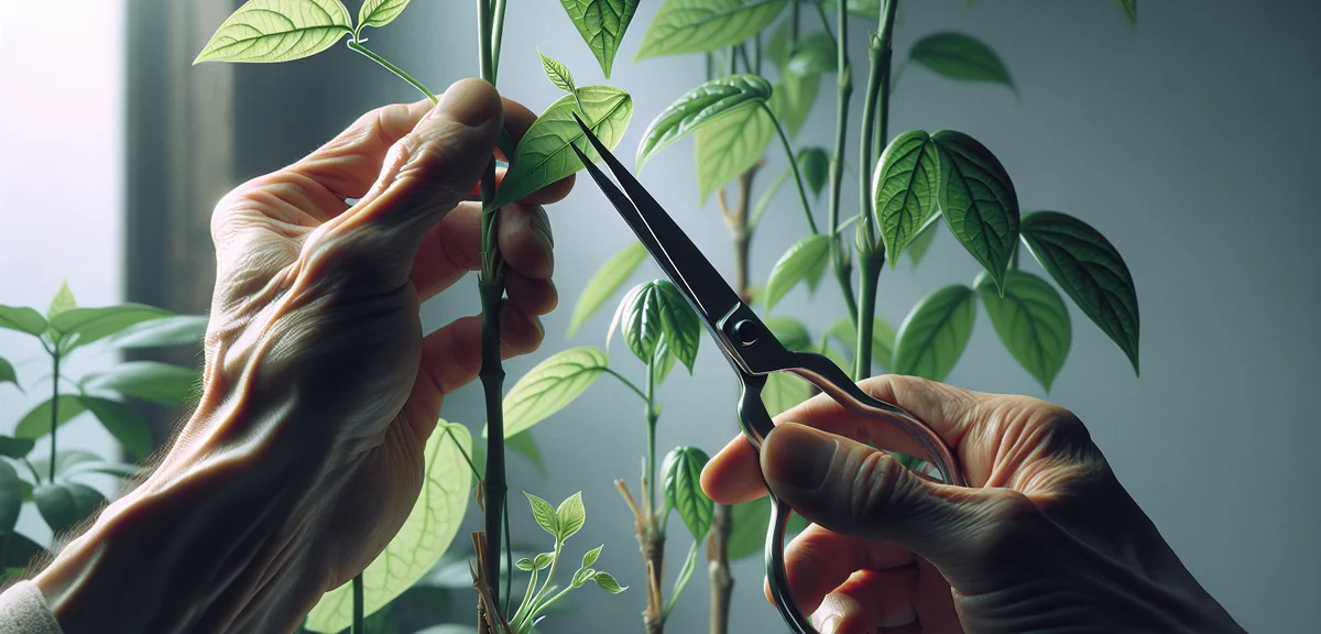 Close-up of hands using scissors to harvest shungiku leaves by pinching method, showing the cut poin