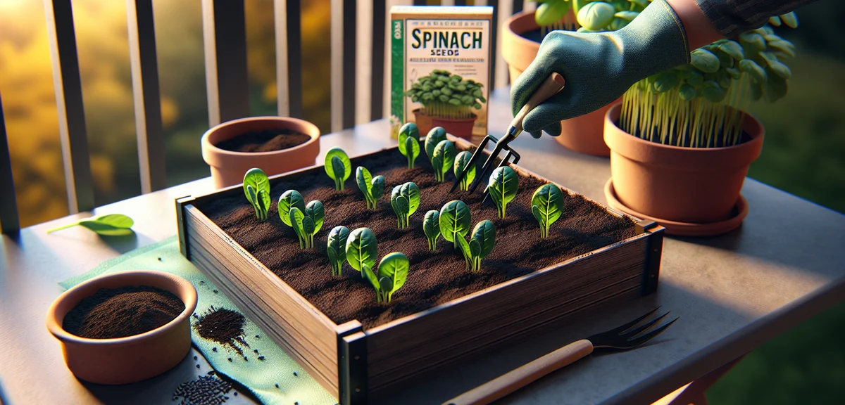 A rectangular planter filled with dark potting soil, spinach seeds being sown in neat rows. Autumn b