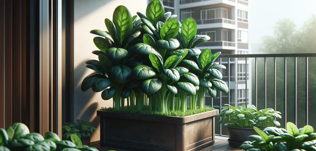 Healthy spinach plants growing in a container, dark green leaves with characteristic shape. Bright n