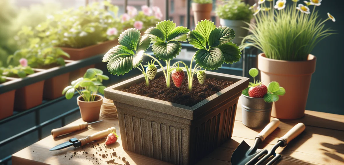 A strawberry planter with three healthy strawberry plants, dark soil visible. Sunny balcony setting
