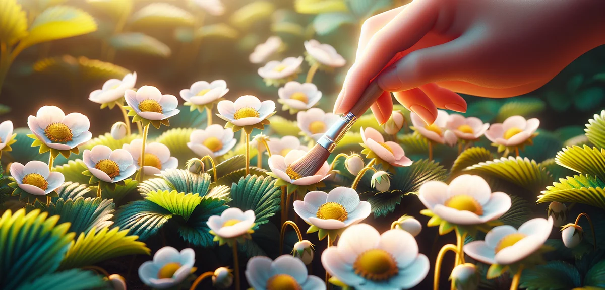 Close-up of strawberry flowers being pollinated with a small brush. White flowers with yellow center