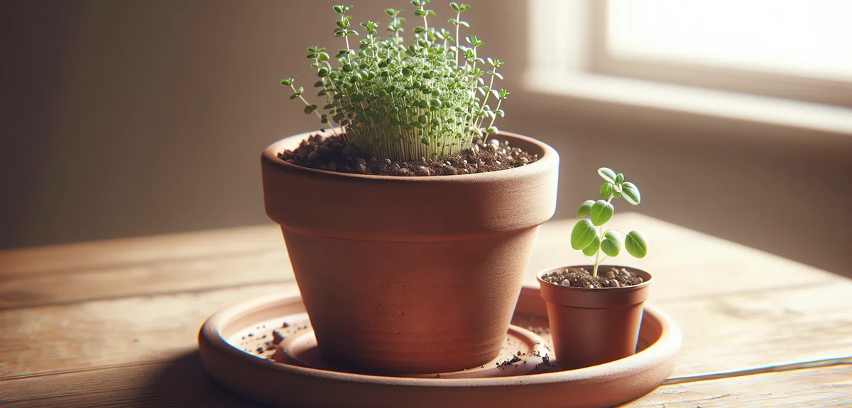 A small terracotta pot with drainage holes and a saucer, filled with well-draining herb soil mixed w