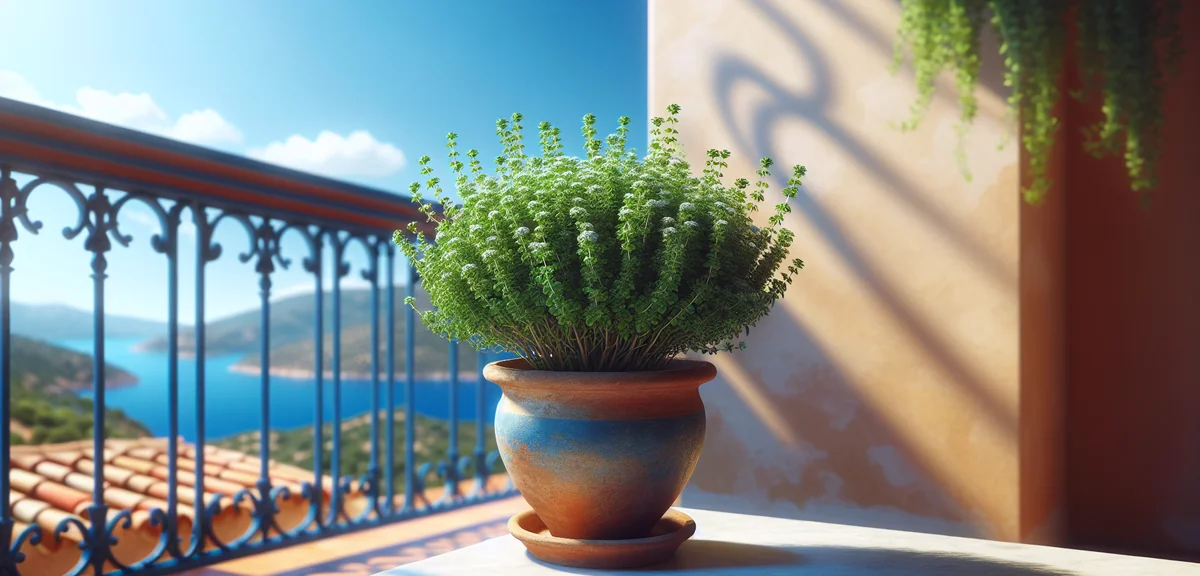 A healthy thyme plant in a terracotta pot on a bright sunny balcony, with dense small aromatic leave