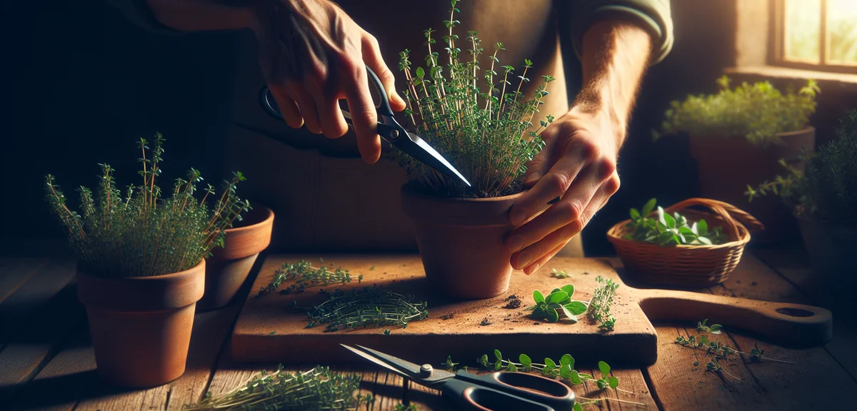 A gardener's hands using small scissors to trim and shape a thyme plant in a terracotta pot. Cut thy