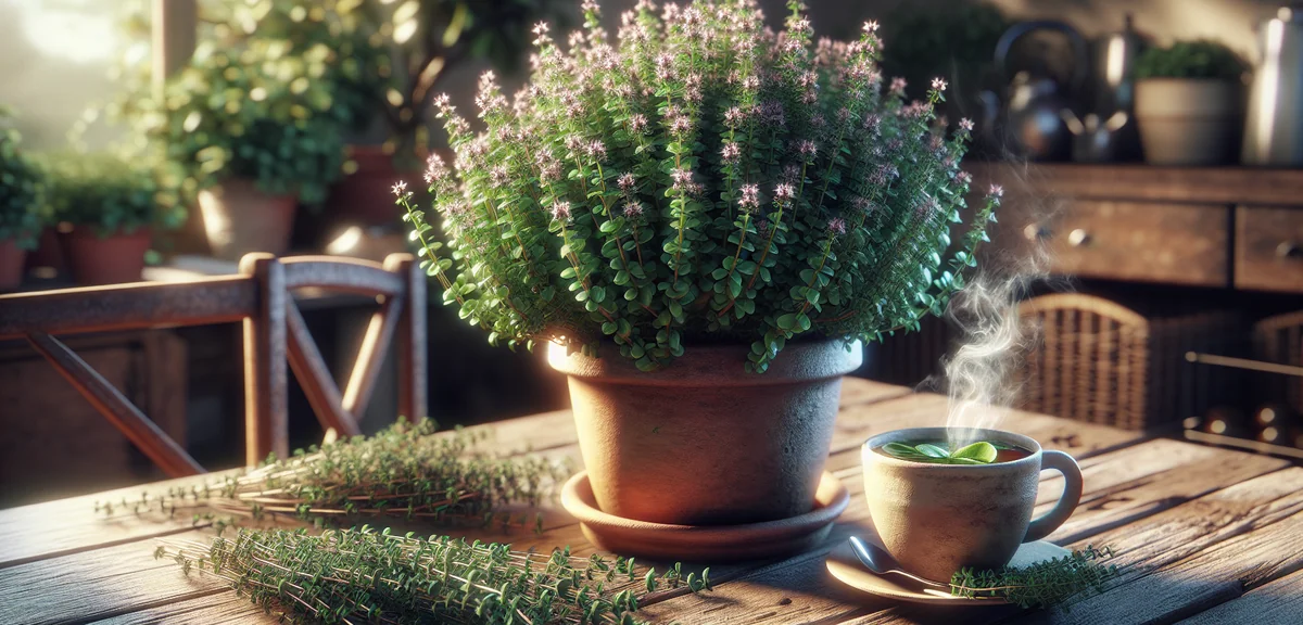 A thriving thyme plant in a terracotta pot with small purple flowers blooming among dense green foli