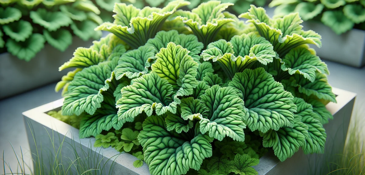 Close-up of mature wasabina leaves showing the characteristic frilly, crinkled texture and bright gr