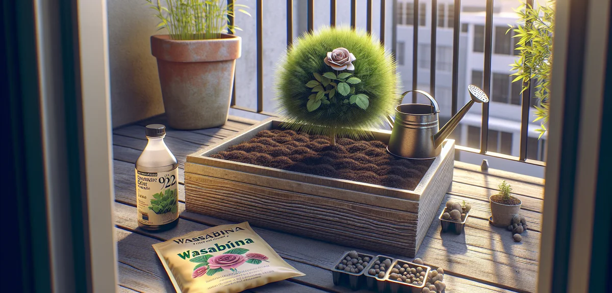 A rectangular planter filled with dark vegetable potting soil, a packet of wasabina seeds, a small w