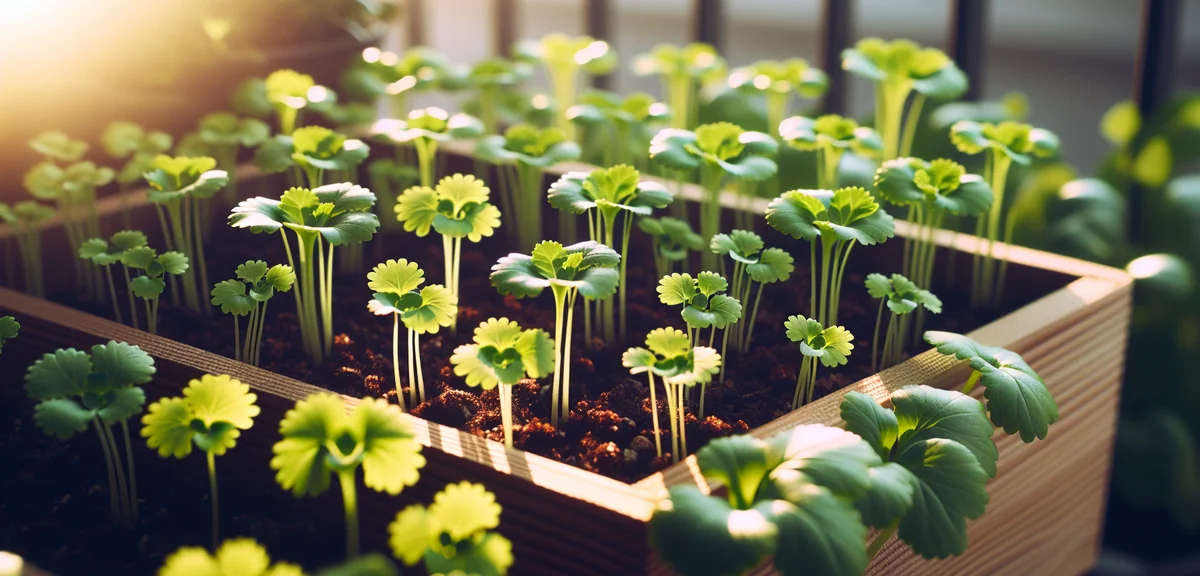 Young wasabina seedlings growing in rows in a rectangular planter, showing the thinning process with
