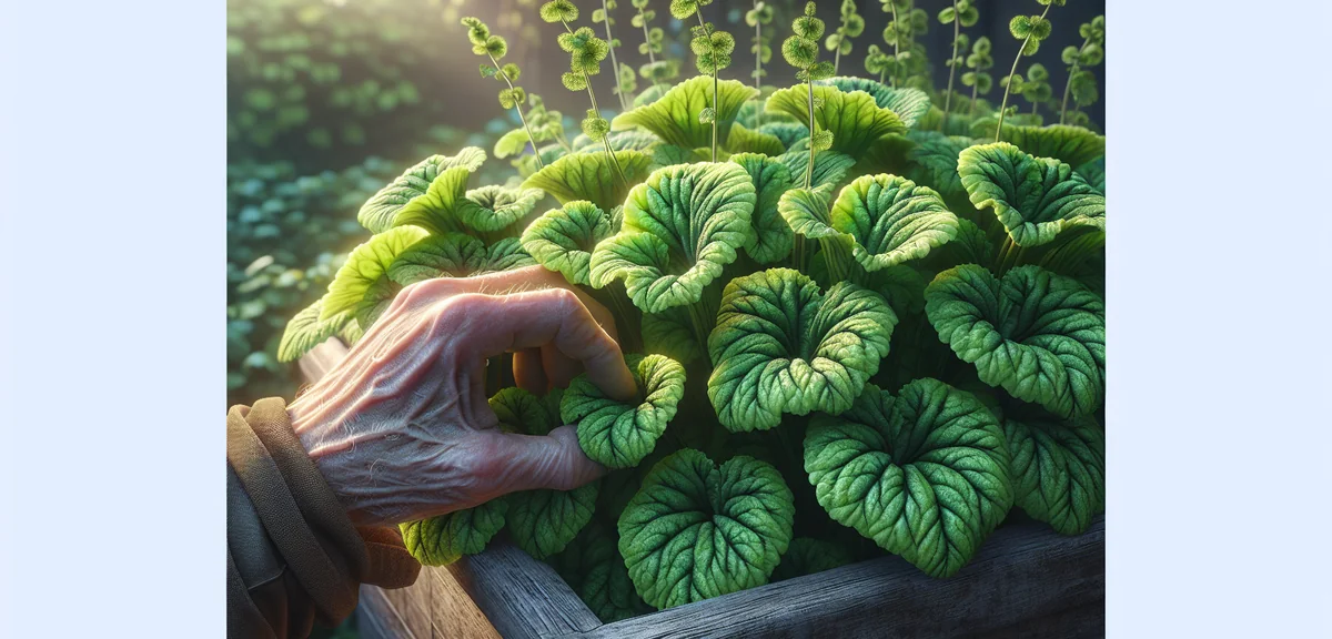 Close-up of a hand harvesting outer leaves from a mature wasabina plant in a planter. The frilly, br